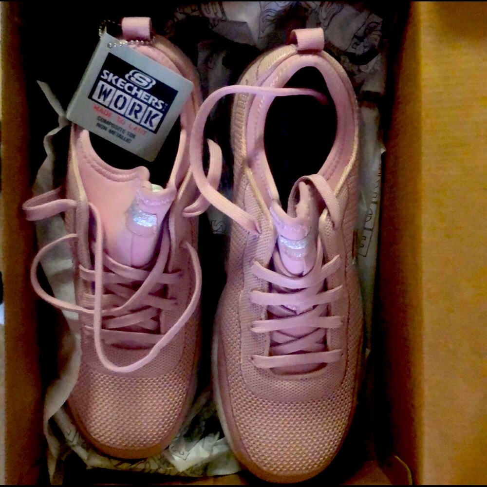 Pink Skechers memory foam work shoes